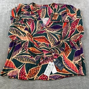 Democracy Top Blouse Womens 1X Colorful Tropical Leaf V-Neck Ruffle Summer